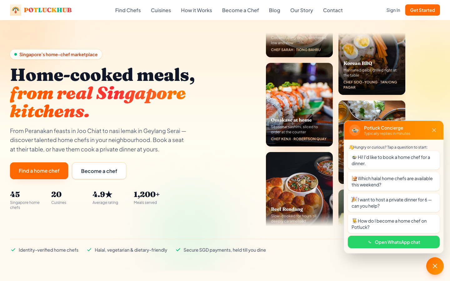 Potluckhub home-chef marketplace homepage — Home-cooked meals from real Singapore kitchens, with live stats for chefs, cuisines, rating and meals served