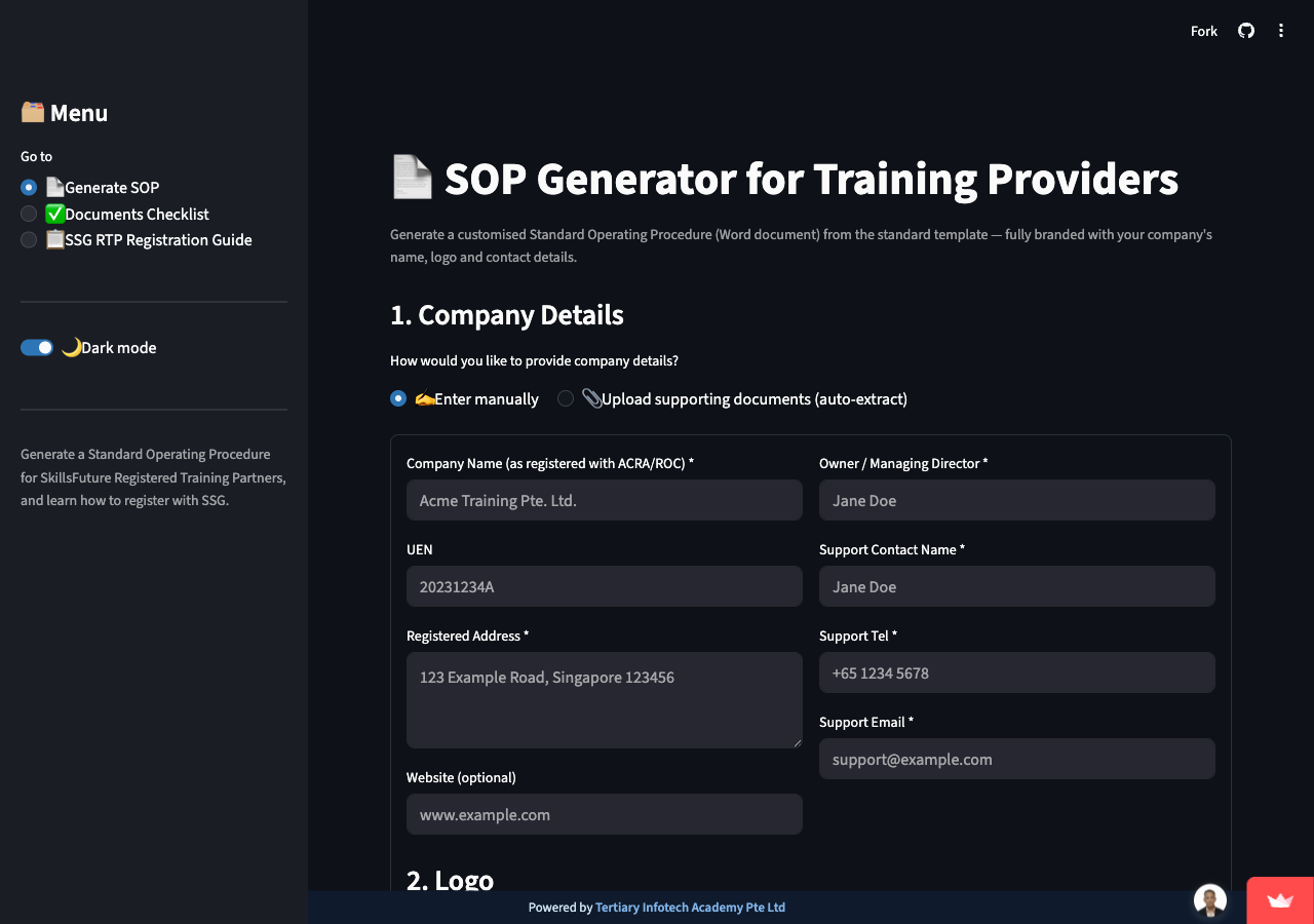 SSG RTP SOP Generator web app showing the Company Details form and the Generate SOP, Documents Checklist and SSG RTP Registration Guide menu