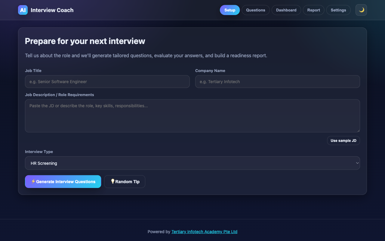 AI Interview Coach — live screenshot of the free HR & Interview tool