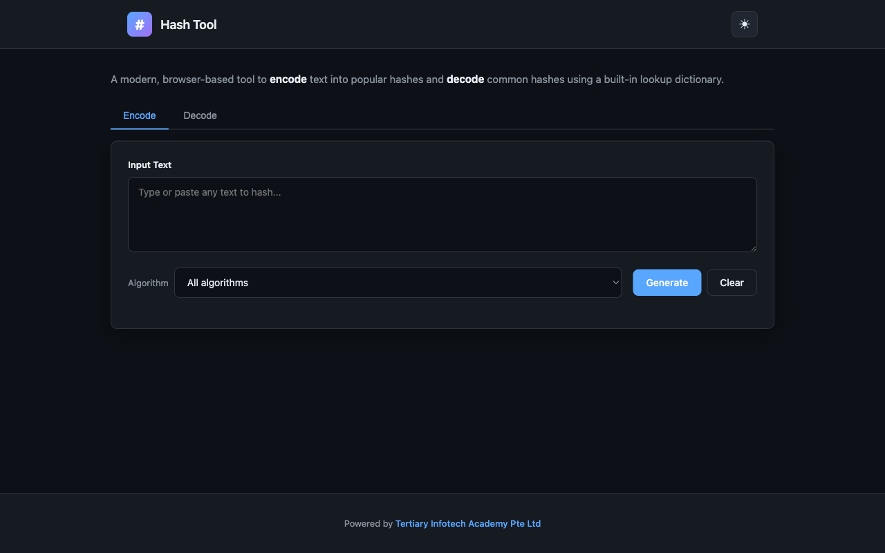 Hashing Tool — live screenshot of the free Blockchain tool