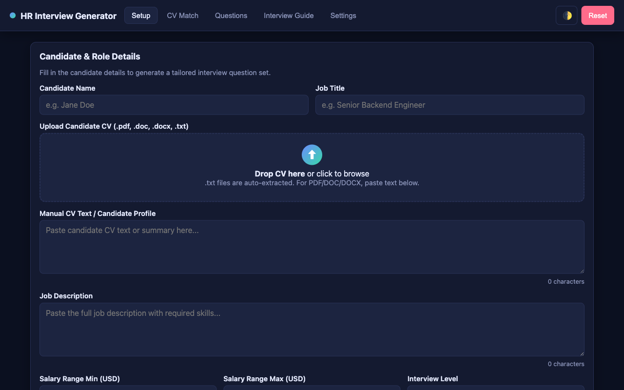 HR Interview Generator — live screenshot of the free HR & Interview tool