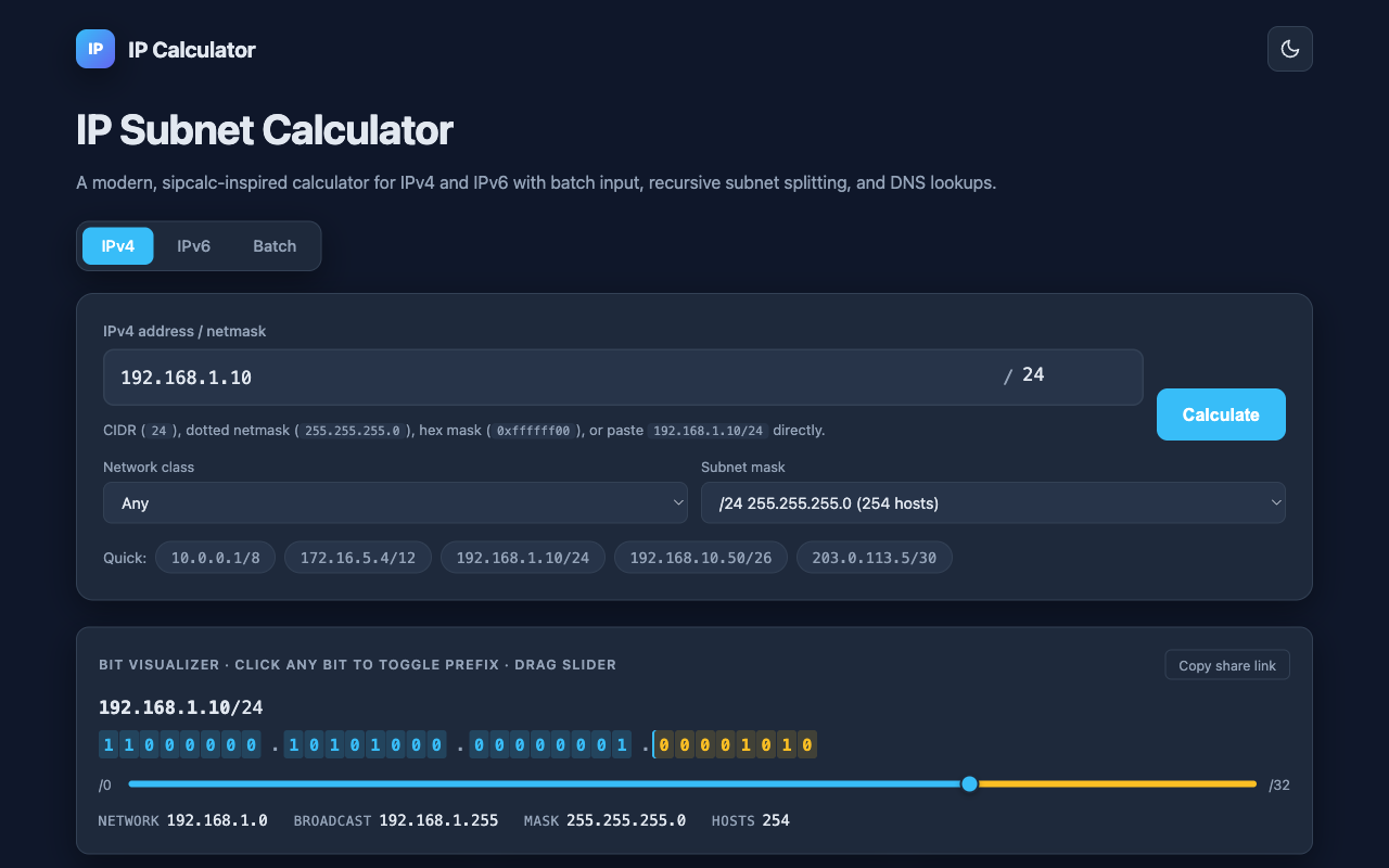 IP Calculator — live screenshot of the free Networking tool