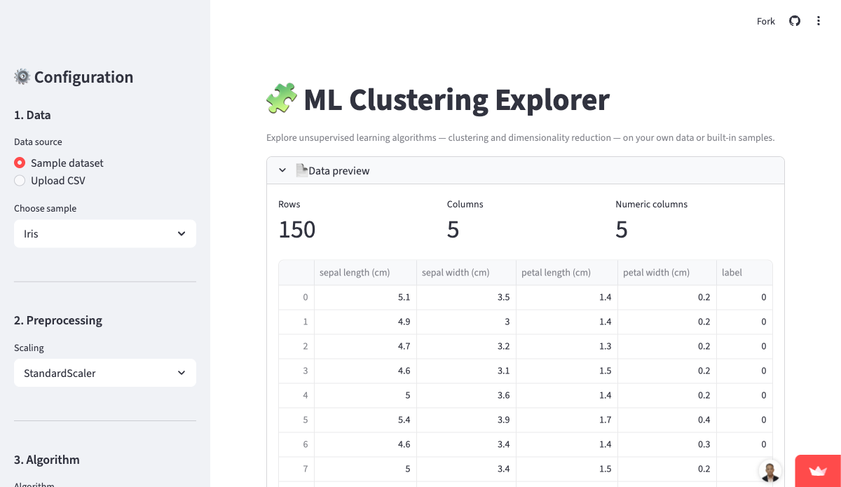 ML Clustering — live screenshot of the free Machine Learning tool