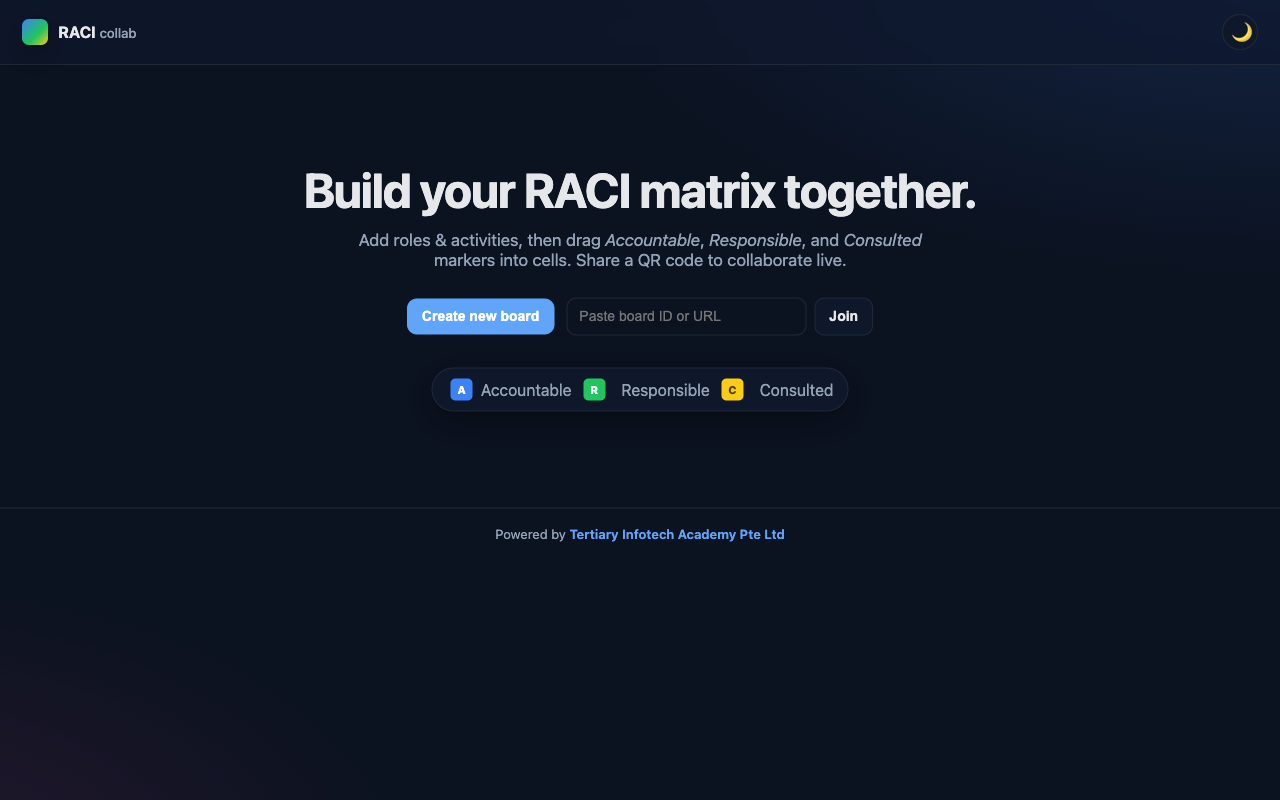 RACI Matrix — live screenshot of the free Project Management tool